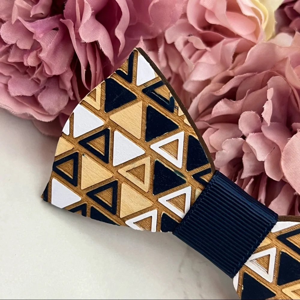 Hand Crafted Blue and White Geometric Wood Butterfly Bow Tie - Picture 8 of 16